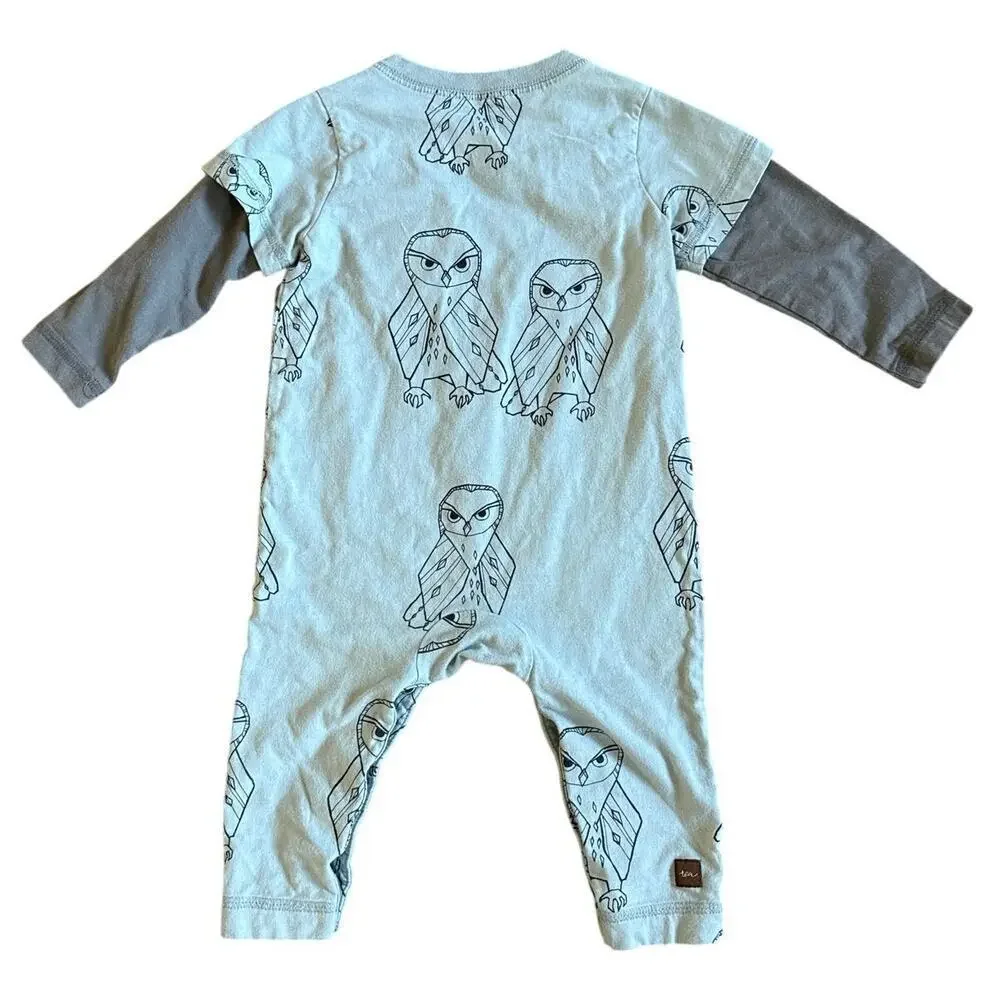 Boys’ Tea Collection Blue Grey Long Sleeve Owl One Piece Romper Size 6-9 months